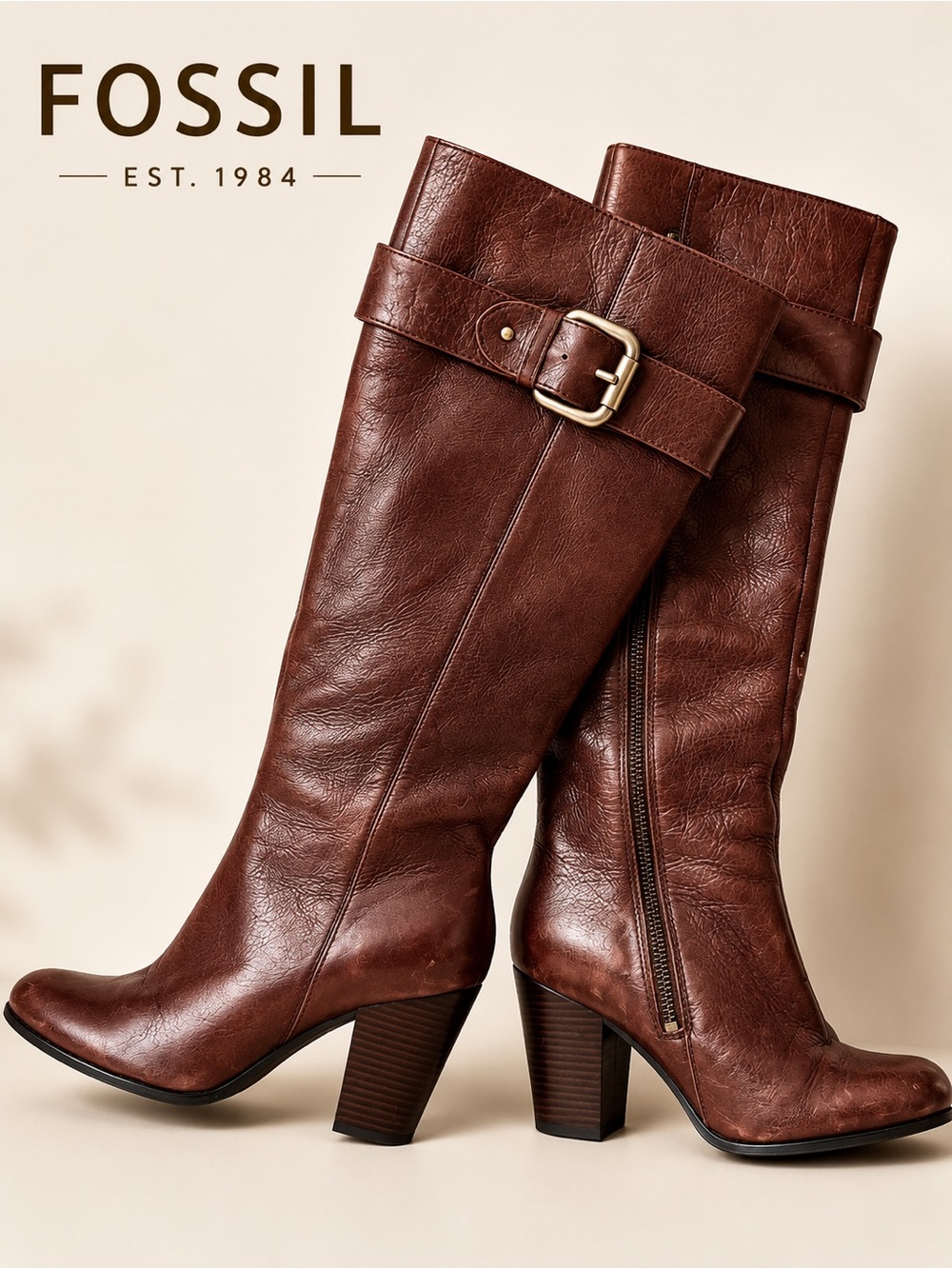 Fossil Brown Leather Knee High Buckle Boots Block Heel Women’s 9